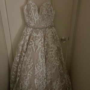 Elegant White Lace Gown with Beaded Belt